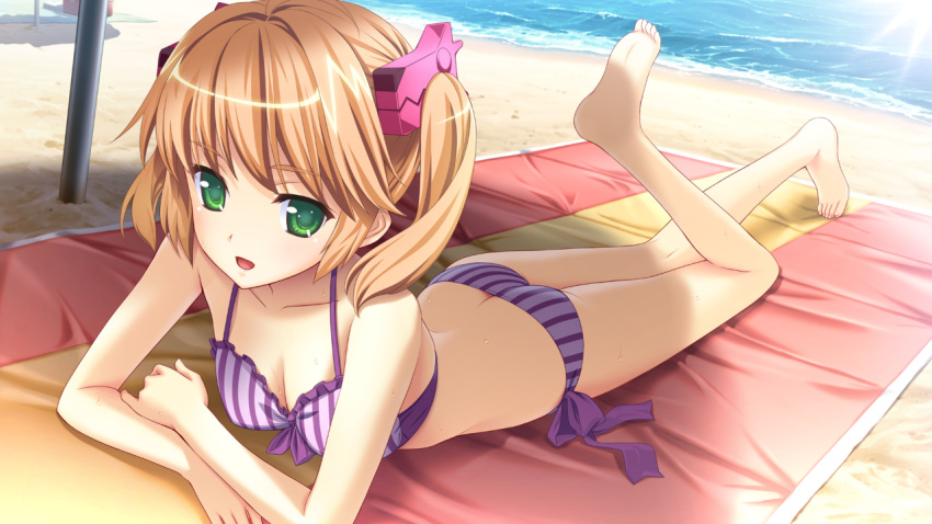 1girl, artist_request, ass, barefoot, beach, bikini, blonde_hair, breasts, butt_crack, cleavage, feet, game_cg, green_eyes, hatsukoi_sacrament, nagumo_misaki, purple_software, striped_bikini, swimsuit, tagme