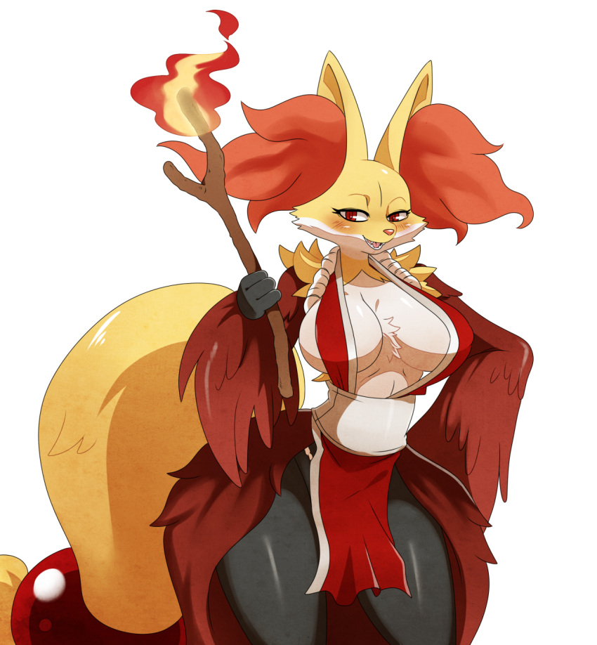 1girl, breasts, cosplay, delphox, eric_lowery, fatal_fury, female, fire, huge_breasts, japanese_clothes, king_of_fighters, legs, looking_at_viewer, naugthy_face, ninja, nintendo, pelvic_curtain, pokemon, shiranui_mai, shiranui_mai_(cosplay), simple_background, smile, snk, solo, sssonic2, standing, stick, the_king_of_fighters, white_background