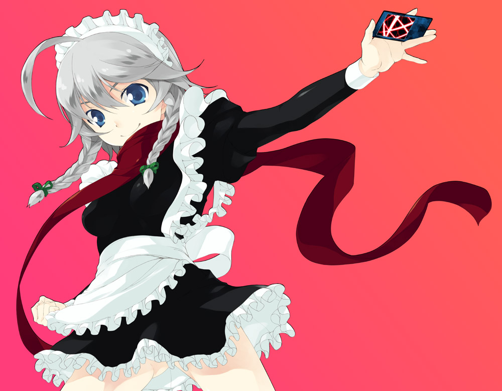 braid, izayoi_sakuya, long_hair, maid, scarf, shirota_dai, silver_hair, spell_card