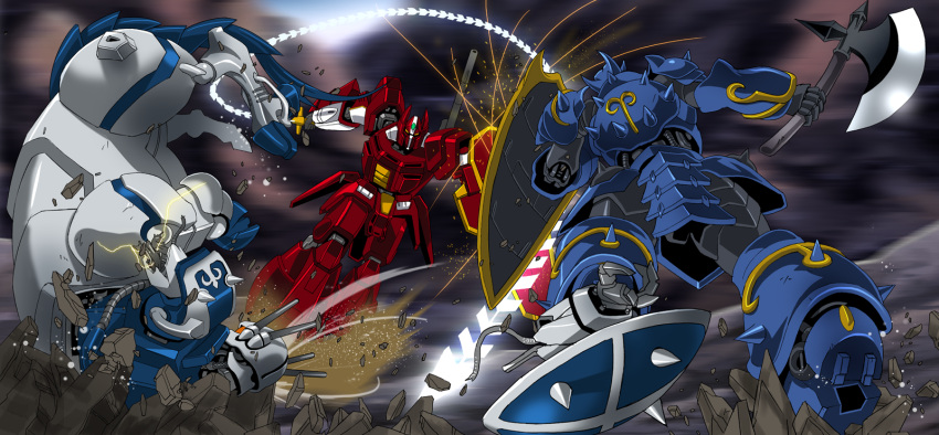 axe, battle, centaur, damaged, galient, highres, kikou-kai_galient, mecha