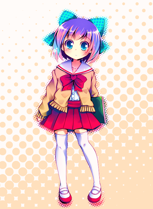 bob_cut, book, hair_ornament, hair_ribbon, kouzuki_mio, legs, miniskirt, multicolored_hair