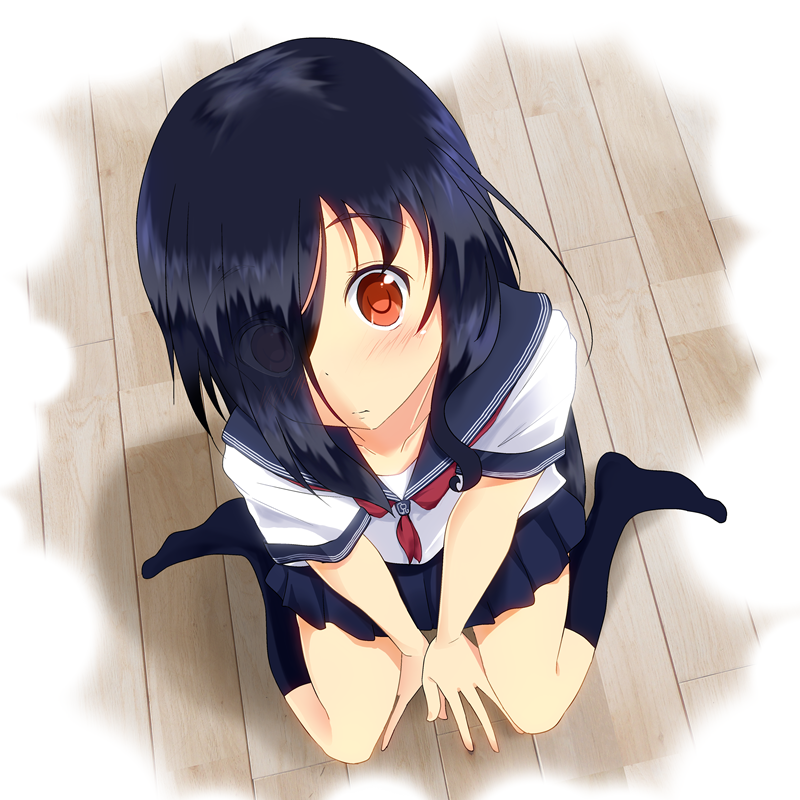 1girl, azumawari_(azumofu), hair_over_one_eye, school_uniform, skirt, socks, solo, the_ring