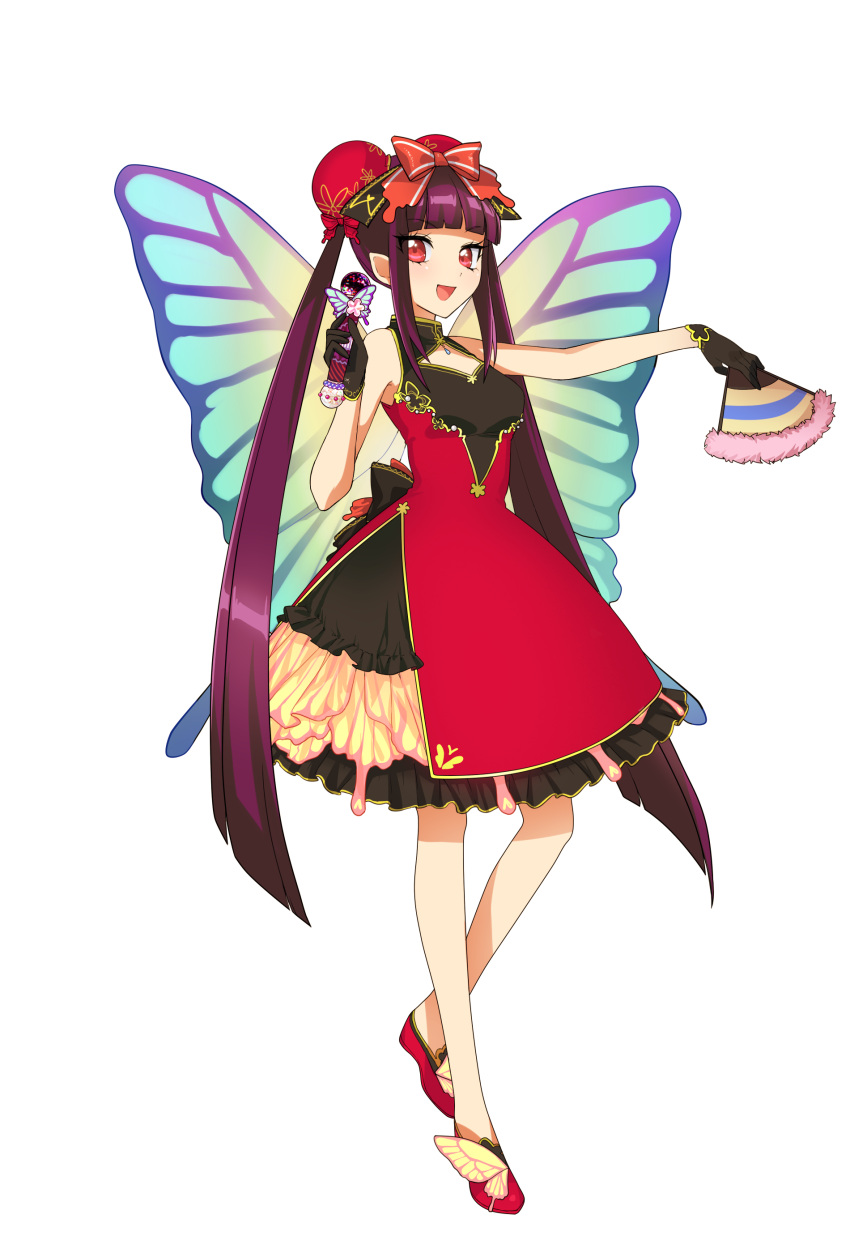 00s, 1girl, bangs, bare_legs, bare_shoulders, black_gloves, blunt_bangs, butterfly, butterfly_wings, chinese_clothes, double_bun, dress, fan, frills, full_body, fur, gloves, hair_bun, hair_ornament, hair_ribbon, jewelry, lanhua, long_hair, looking_at_viewer, mermaid_melody_pichi_pichi_pitch, microphone, open_mouth, pointy_ears, purple_hair, red_eyes, simple_background, sleeveless, smile, solo, tied_hair, twintails, very_long_hair, white_background, wings, wntame