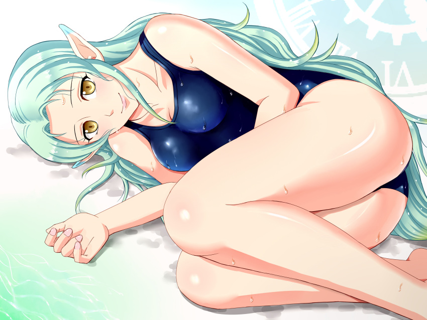 1girl, absurdres, aqua_hair, ass, breasts, long_hair, looking_at_viewer, lying