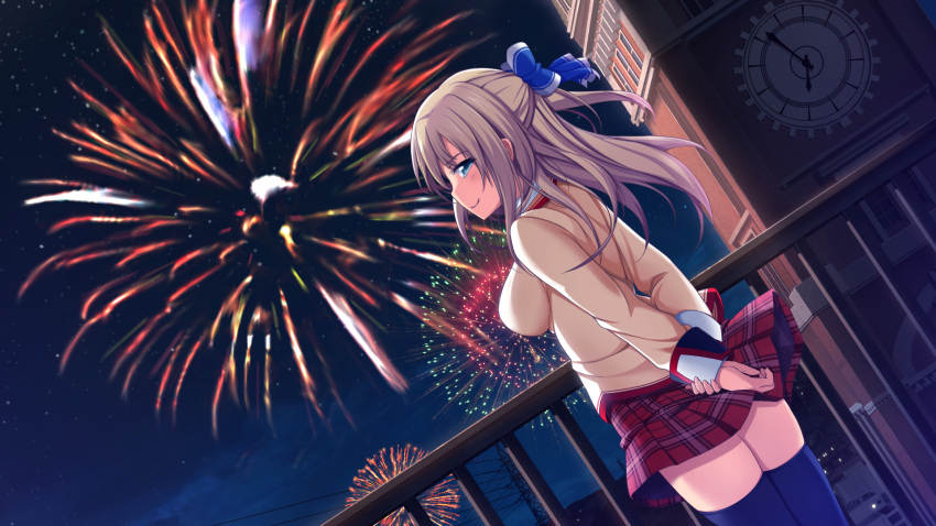 1girl, blonde_hair, blue_eyes, blush, clock, female, fireworks, hair_ornament