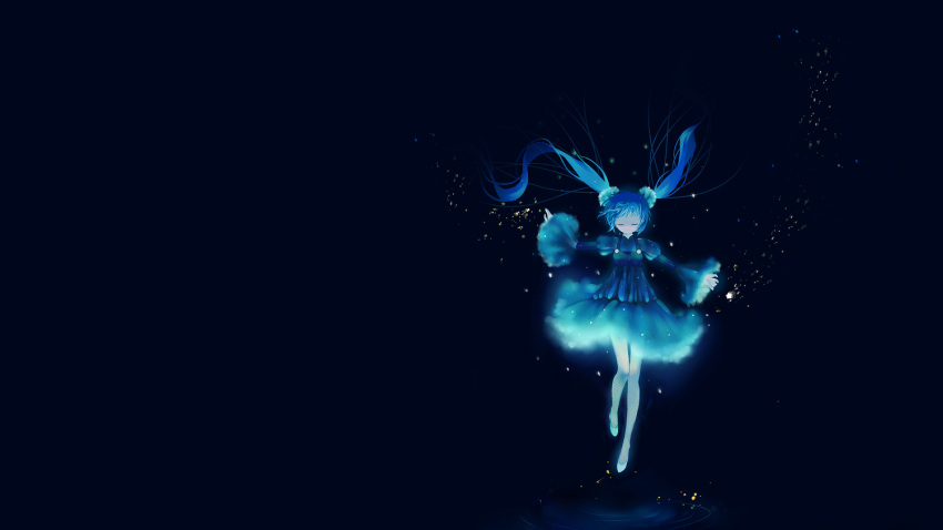 1girl, blue, blue_hair, closed_eyes, dark, dress, dutch_angle, female