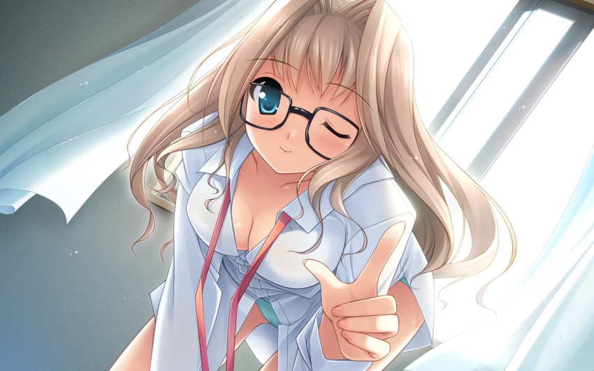 1girl, aqua_eyes, blue_eyes, breasts, brown_hair, cleavage, female, gennosuke_(artist)