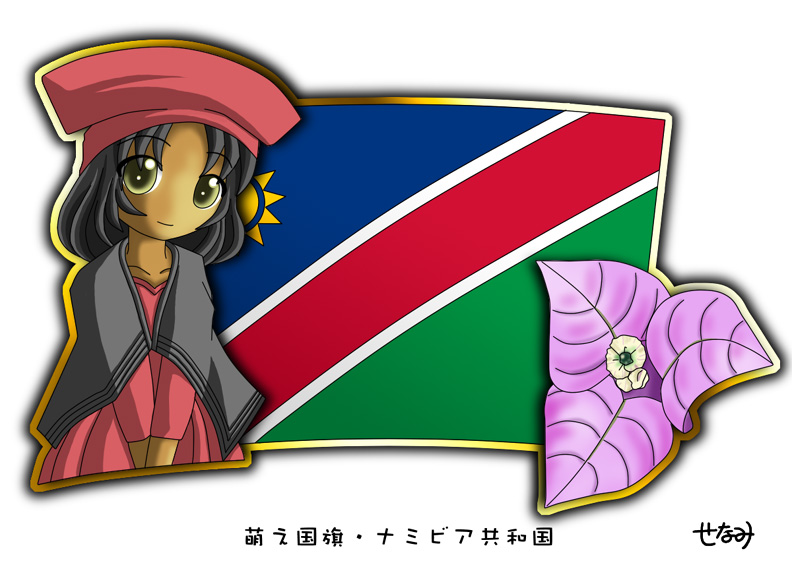 1girl, black_hair, bougainvillea_(flower), dark_skin, flag, flower, hat, murakami_senami