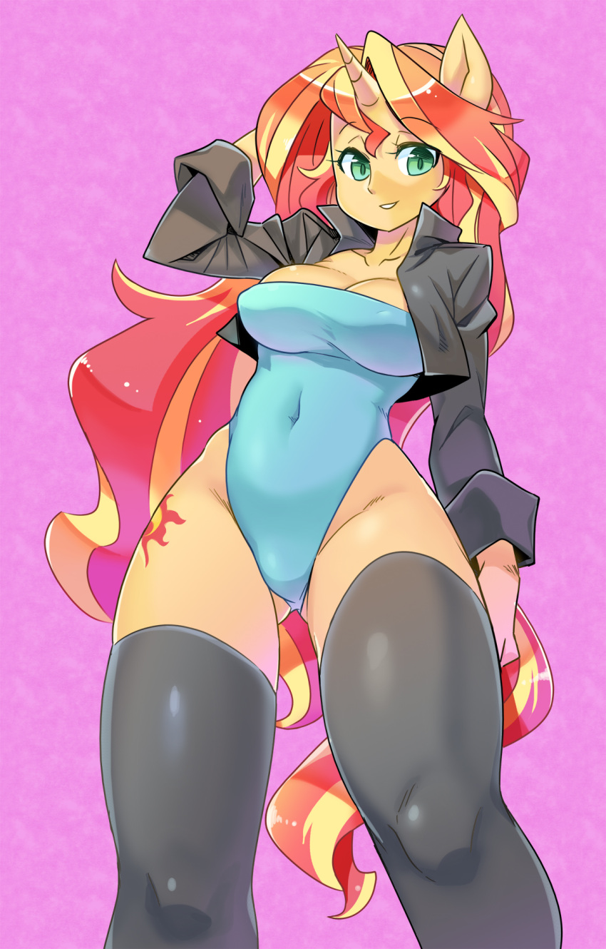 1girl, cleavage, green_eyes, horn, looking_at_viewer, my_little_pony, my_little_pony_equestria_girls, redhead