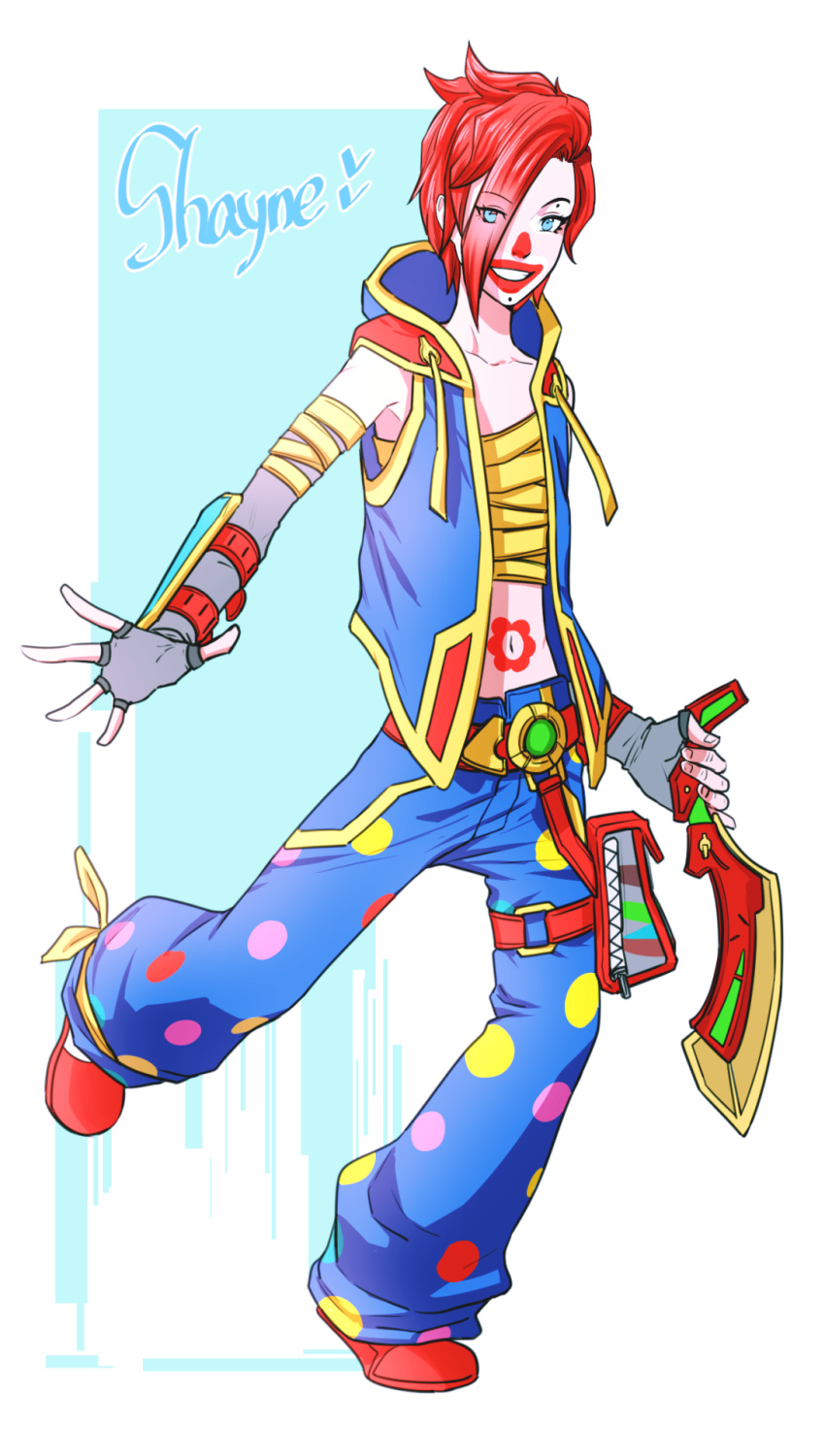 1girl, battleborn, blue_eyes, clown, coat, gloves, knife, makeup