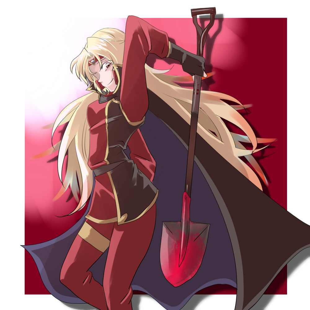 1girl, artist_request, blonde_hair, border, cape, female, from_side, long_hair