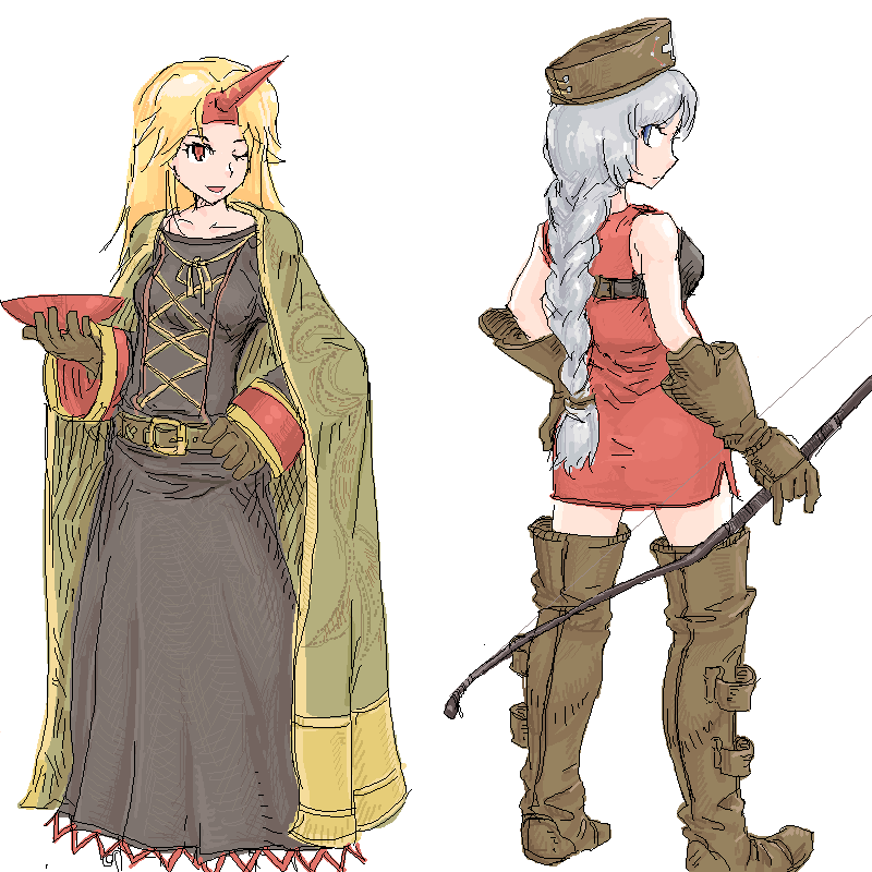 archer_(fft), archer_(fft)_(cosplay), blonde_hair, blue_eyes, boots, bow_(weapon), braid, cosplay, final_fantasy, final_fantasy_tactics, gloves, hat, horn, horns, hoshiguma_yuugi, long_hair, michael-x, mihairu, multiple_girls, red_eyes, sakazuki, silver_hair, summoner_(fft), summoner_(fft)_(cosplay), thigh-highs, thigh_boots, thighhighs, touhou, weapon, wink, yagokoro_eirin