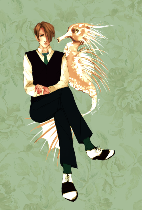 1boy, fruits_basket, hair_over_one_eye, male_focus, saddle_shoes, sea_horse, sitting, solo
