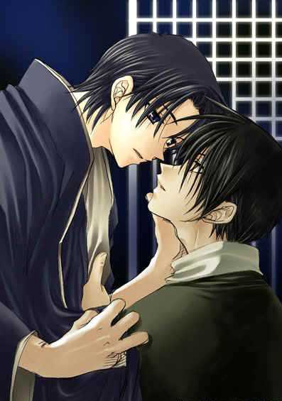 1boy, 1girl, black_hair, brown_eyes, eye_contact, fruits_basket, japanese_clothes, souma_akito