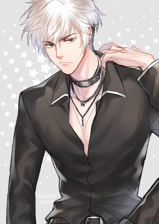 1boy, 2014, abstract_background, belt, choker, collar, earrings, fruits_basket, kanapy, looking_at_viewer, male_focus, necklace, open_collar, school_uniform, solo, souma_hatsuharu, two-tone_hair, white_hair