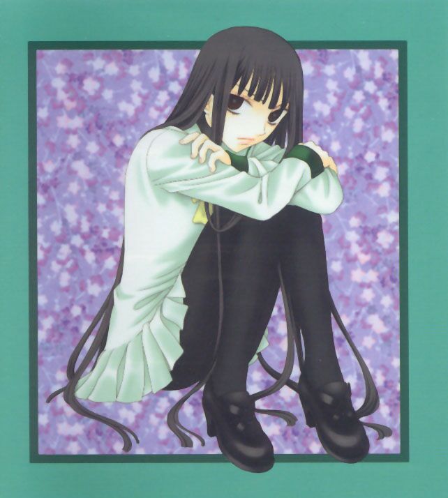 1girl, bangs, black_legwear, fruits_basket, long_hair, official_art, sitting, solo