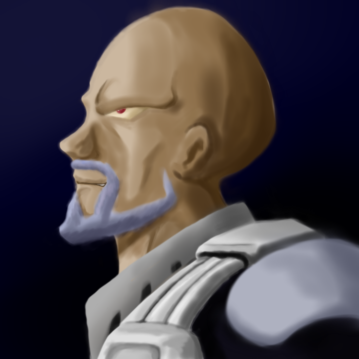 1boy, bael-38, bald, facial_hair, kikou-kai_galient, male_focus, mardoul, red_eyes