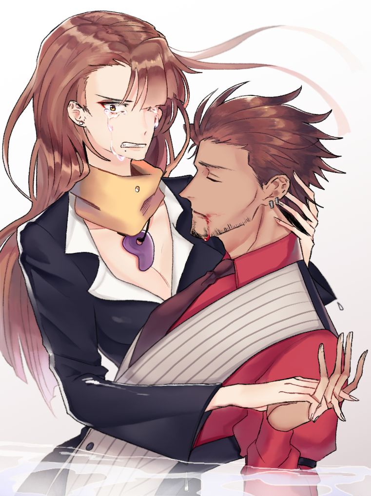 1boy, 1girl, ayasato_chihiro, blood, brown_eyes, brown_hair, catunong, dark_skin