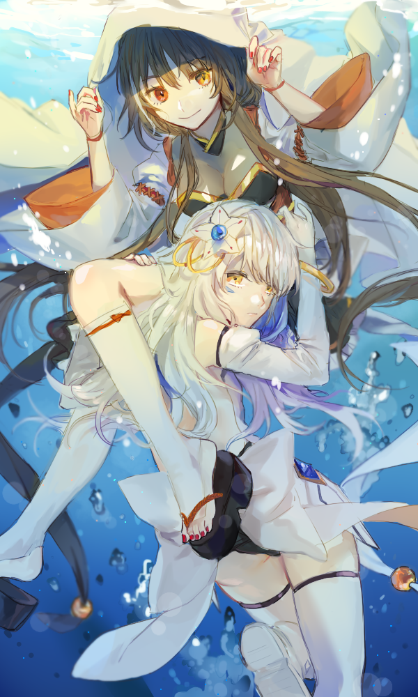 2girls, elsword, hoodie, ichikawa_(chi6bee), long_hair, multiple_girls, short_hair, underwater, white_hair