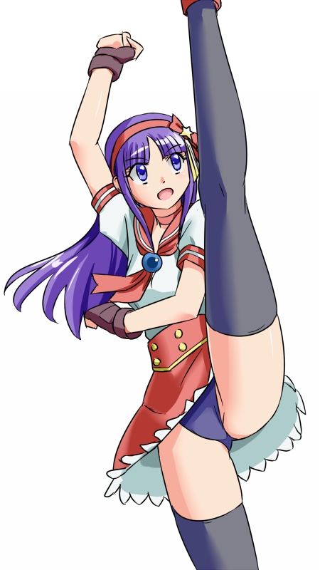 1girl, asamiya_athena, female, king_of_fighters, long_hair, murasaki2007, open_mouth, purple_hair, school_uniform, solo, thigh-highs