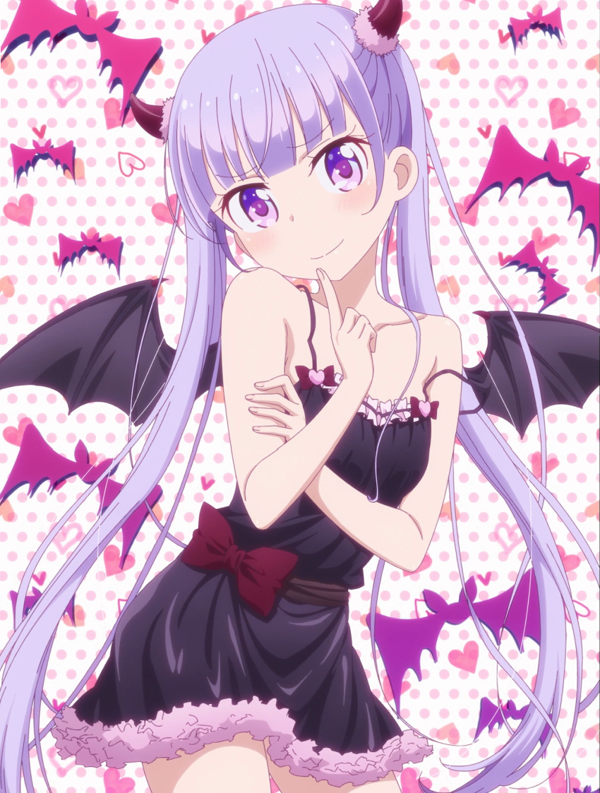 bat_wings, bow, horns, lingerie, loose_strap, new_game!, silver_hair, suzukaze_aoba
