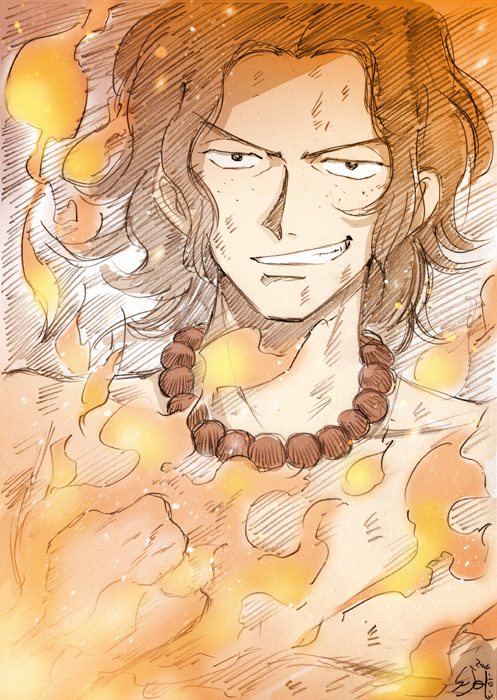 1boy, fire, grin, male_focus, necklace, one_piece, portgas_d_ace, shijou_yukimasa