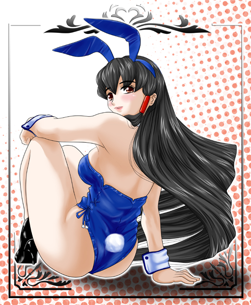 arm_support, ass, bare_legs, black_hair, brown_eyes, bunny_ears, bunnysuit, long_hair, looking_back, original, pekepeke, rabbit_ears, sitting, wedgie