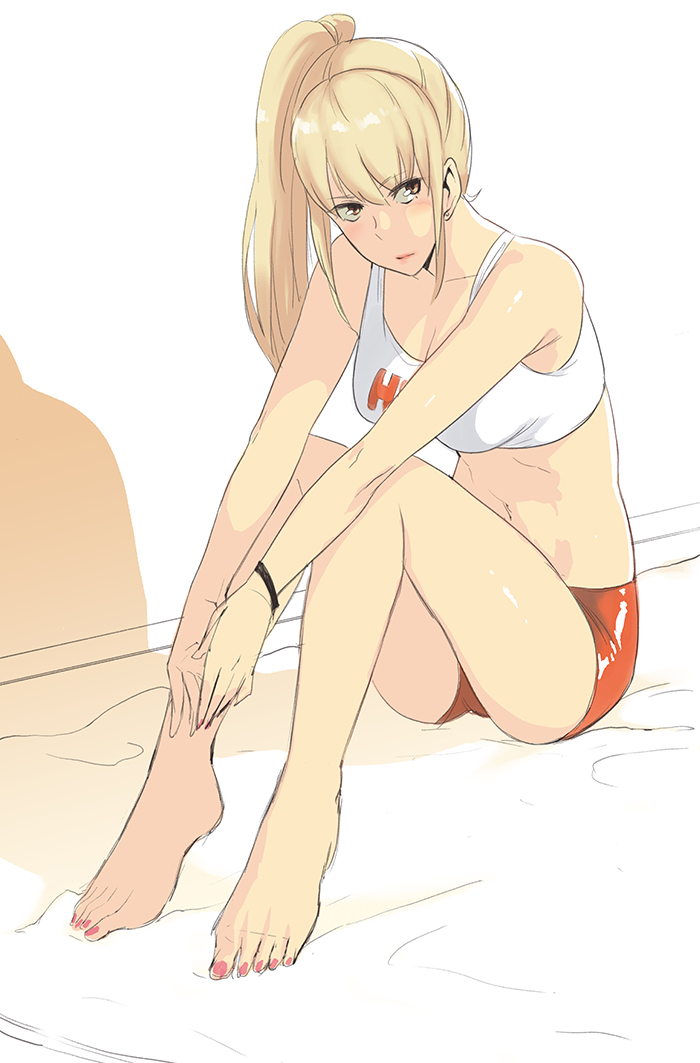 1girl, blonde_hair, brown_eyes, feet, hooters, long_hair, nail_polish, ponytail