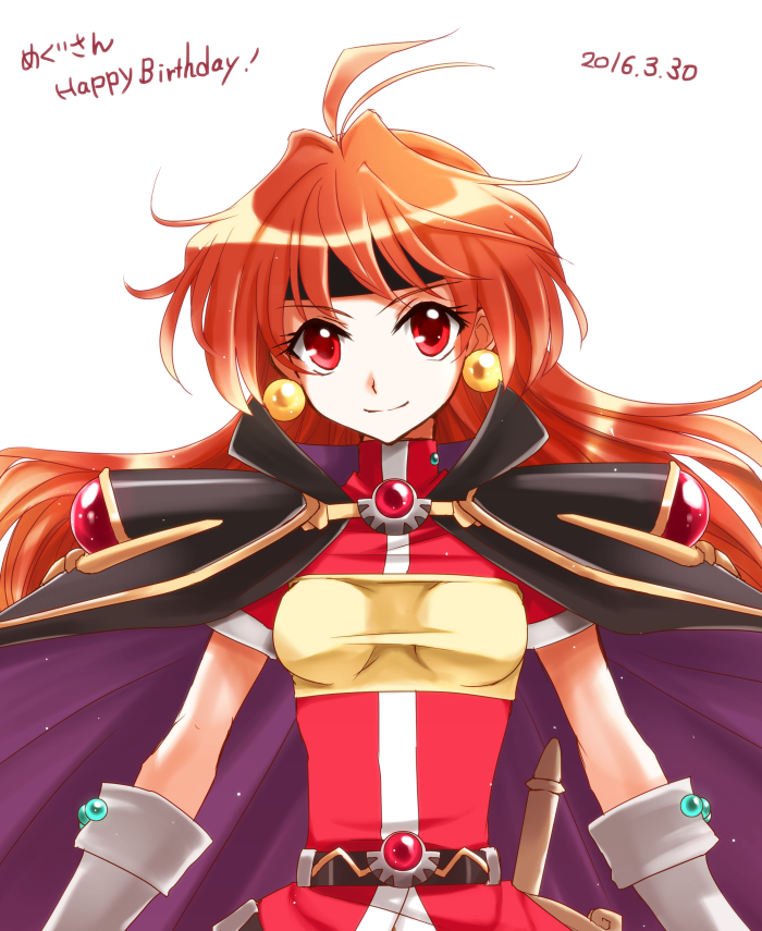1girl, breasts, cape, dated, female, fujimi_shobo, gloves, light_smile