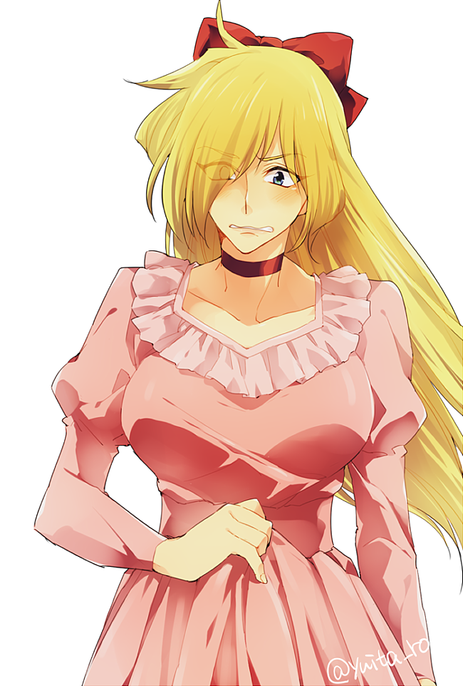 1boy, blonde_hair, blue_eyes, bow, choker, dress, gourry_gabriev, long_hair