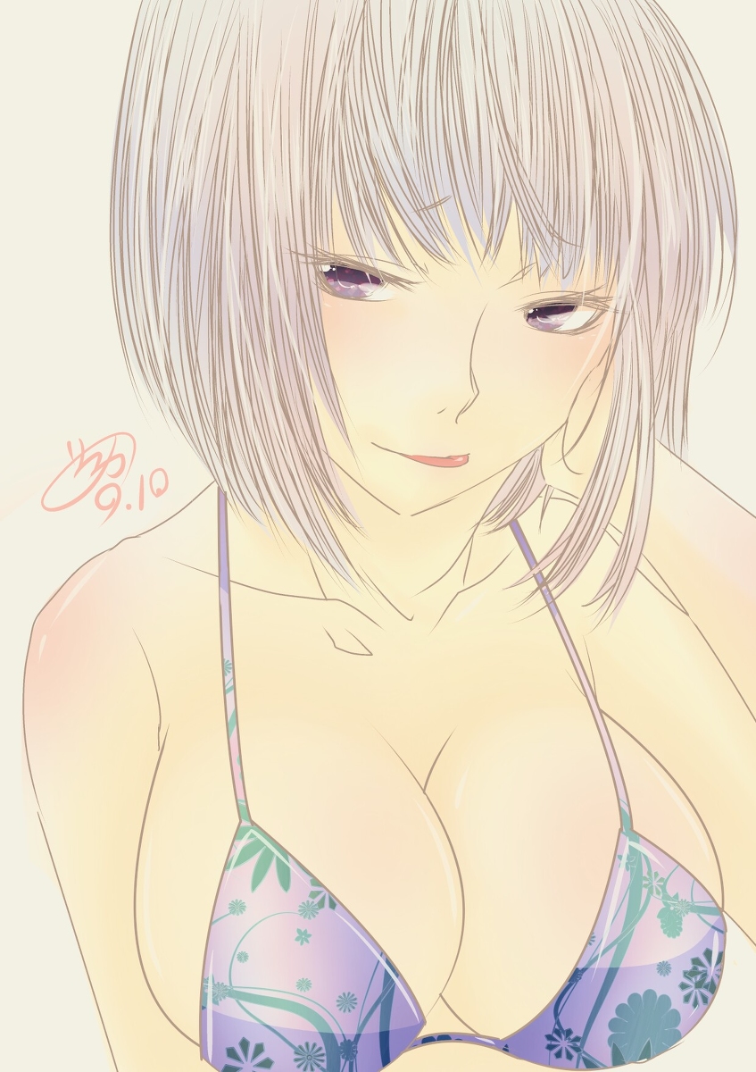 1girl, artist_request, bikini, breasts, cleavage, collarbone, murderess, short_hair, tongue, violet_eyes, white_hair, xenoblade_chronicles_x