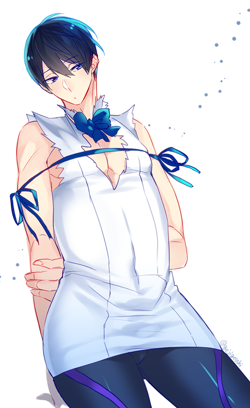 1boy, black_hair, blue_eyes, cosplay, exposed_shoulders, free!, gesshi, looking_at_viewer