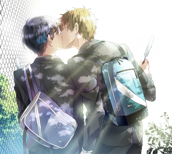 2boys, backpack, bag, closed_eyes, free!, ice_cream, kiss, male_focus, mina_(o414), multiple_boys, nanase_haruka_(free!), outside, school_uniform, short_hair, tachibana_makoto, yaoi