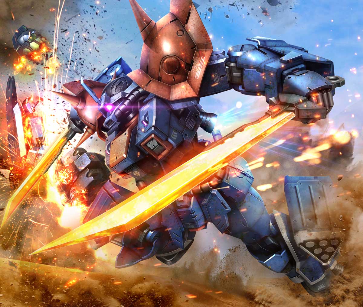 blue_destiny_01, damaged, dual_wielding, efreet_custom, gundam, gundam_side_story:_the_blue_destiny, hiropon_(tasogare_no_puu), mecha