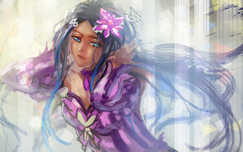 1girl, bare_shoulders, blue_eyes, blue_hair, butterfly, choker, dark_skin, detached_sleeves