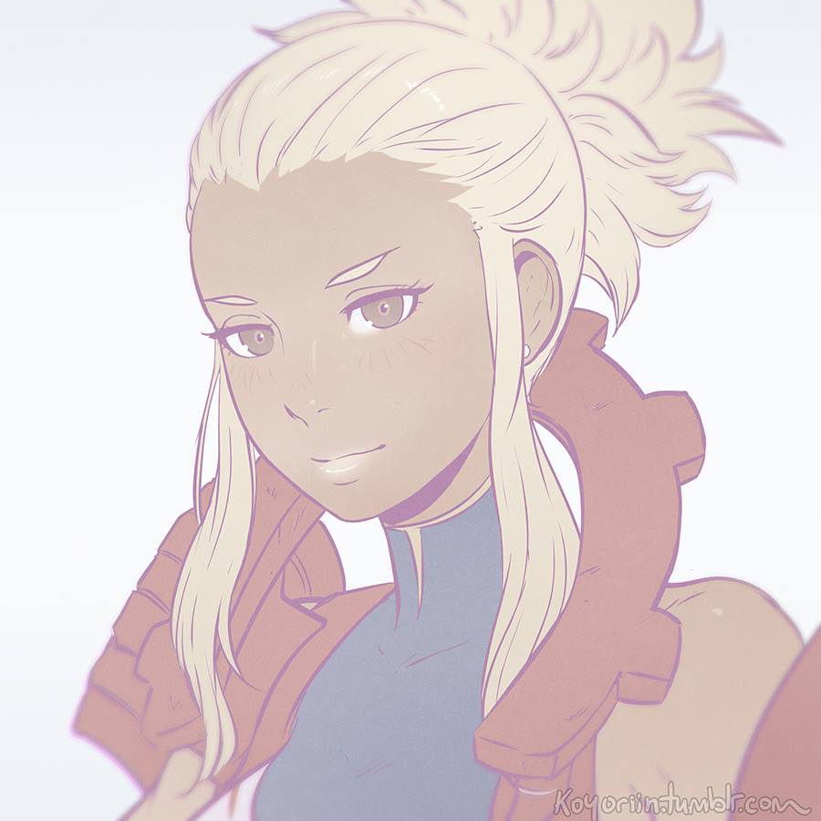 1girl, armor, artist_name, bare_shoulders, blonde_hair, brown_eyes, dark_skin, female