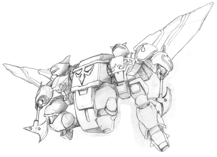 artist_request, axe, kikou-kai_galient, mecha, monochrome, weapon, wingal_(mecha)