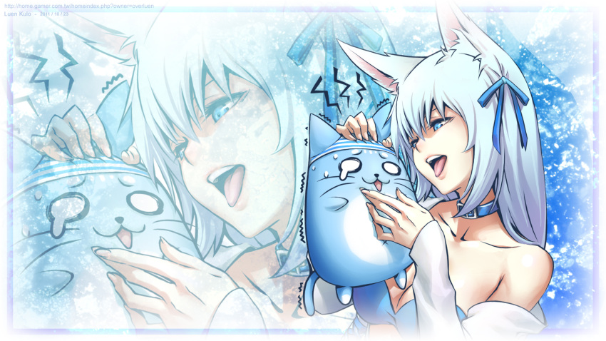1girl, animal, animal_ears, bare_shoulders, blue_eyes, cat, collar, detached_sleeves
