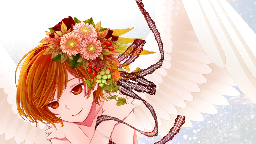 1girl, brown_eyes, brown_hair, female, flower, food, highres, jirou
