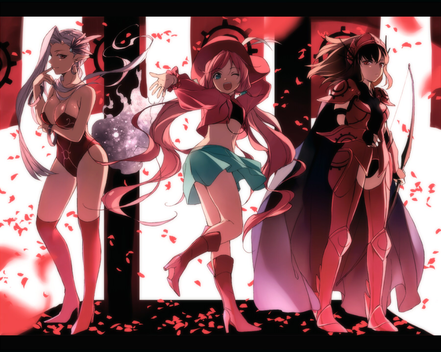;d, akatsuhara_empire, aqua_eyes, black_hair, boots, bow_(weapon), breasts, brown_hair