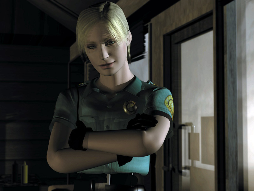 1girl, 3d, blonde_hair, blue_eyes, crossed_arms, cybil_bennett, gloves, konami