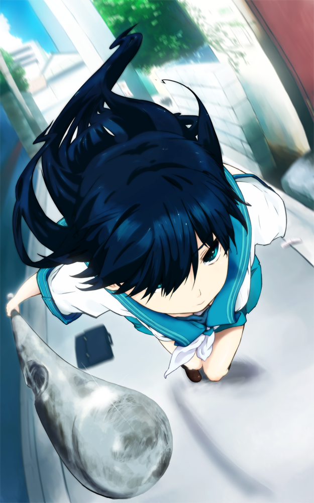 baseball_bat, blue_eyes, blue_hair, bookbag, denpa_teki_na_kanojo, denpatekina_kanojo, foreshortening, iku_ki