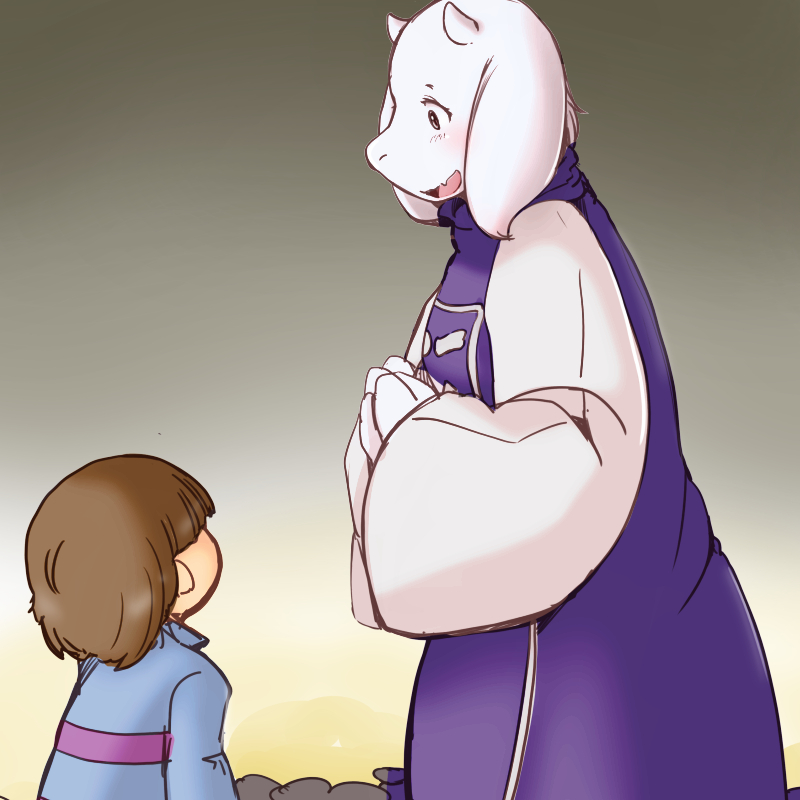 1girl, black_eyes, frisk_(undertale), furry, open_mouth, setouchi_kurage, sheep, toriel