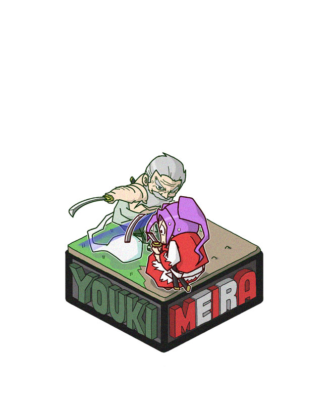 beard, broken_sword, chibi, duel, facial_hair, hakama, hitodama, isometric