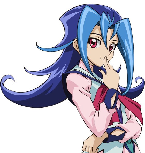 1girl, blue_hair, hajime_shindo, kamishiro_rio, long_hair, looking_at_viewer, official_art, red_eyes, school_uniform, smile, uniform, yu-gi-oh!, yuu-gi-ou_zexal