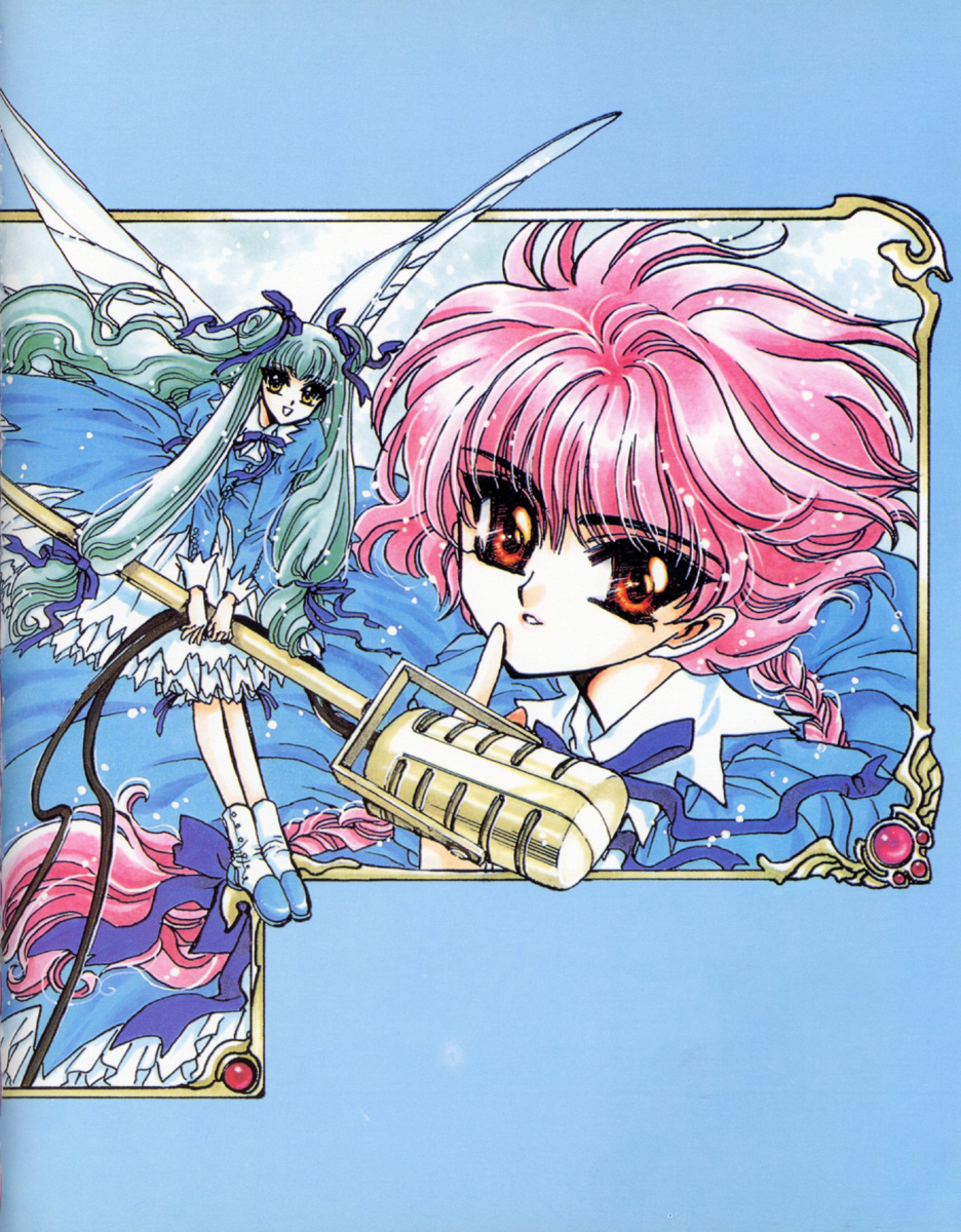 2girls, bangs, blue_dress, blue_hair, blue_ribbon, braid, clamp, double_bun, dress, eyebrows_visible_through_hair, fairy, fairy_wings, floating, hair_ribbon, holding, juliet_sleeves, long_hair, long_sleeves, magic_knight_rayearth, microphone, official_art, parted_lips, pink_hair, primera_(rayearth), red_eyes, ribbon, shidou_hikaru, shoes, single_braid, smile, two-tone_footwear, two-tone_shoes, wings, yellow_eyes