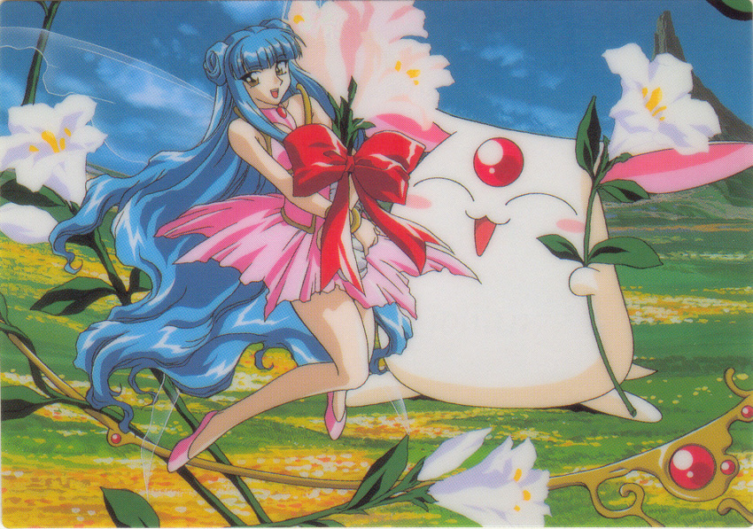 blue_hair, dress, fairy, flower, long_hair, magic_knight_rayearth, mokona, official_art, pink_dress, pink_shoes, primera, primera_(rayearth), wings, yellow_eyes