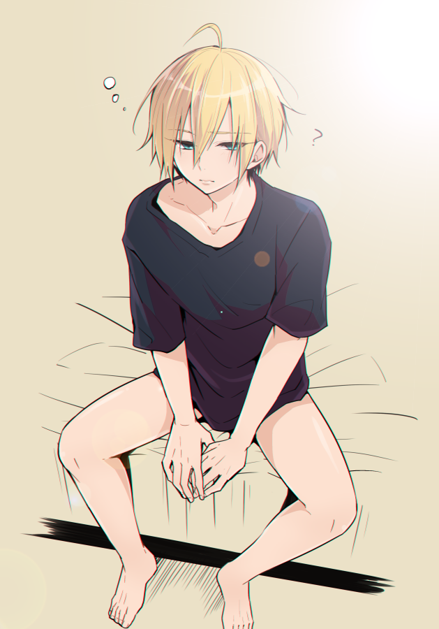 1boy, barefoot, bed, blonde_hair, blue_eyes, bottomless, feet, hato_yu-ki
