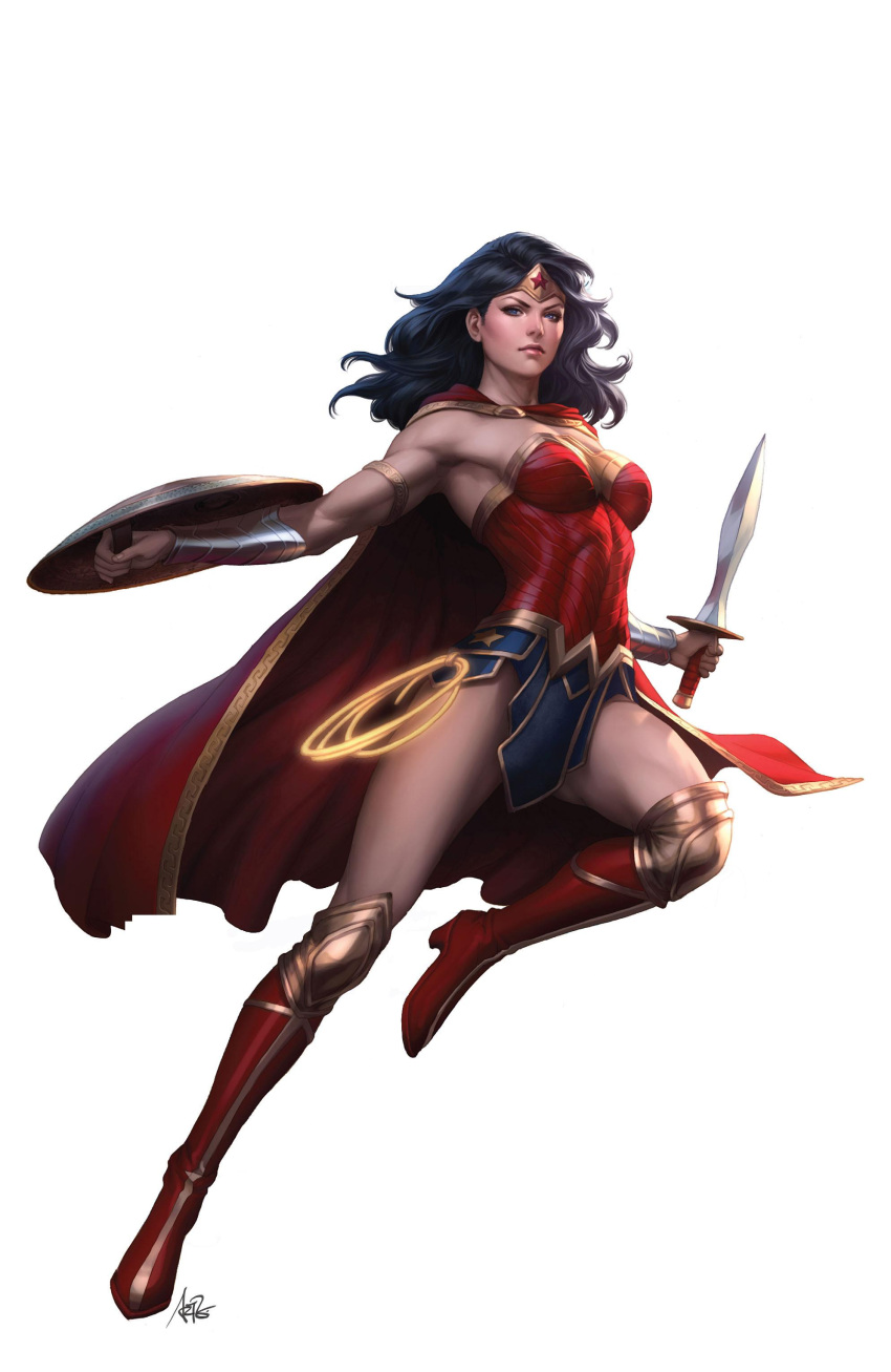 1girl, blue_eyes, cape, dc_comics, lasso, lasso_of_truth, pteruges, shield