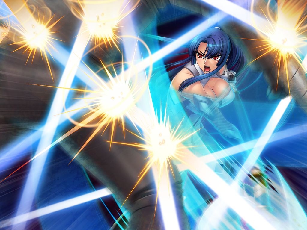 1girl, axe, battle, blue_hair, breasts, female, fight, game_cg